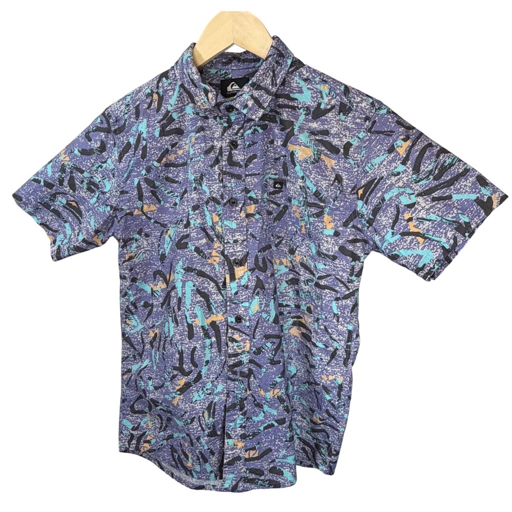 Quiksilver Boys Purple Abstract Print Short Sleeve Button Down Shirt Size L 14